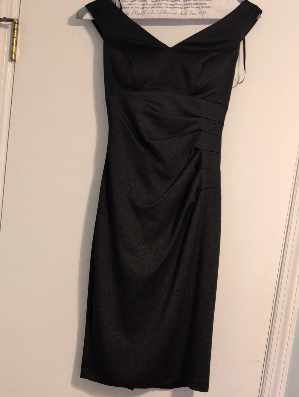 Xscape Black Off-Shoulder Ruched Sheath Dress